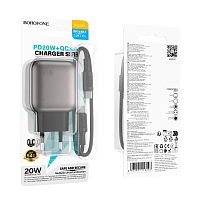 Сетевое З/У Borofone BAS54A 1USB+1Type-C 3.0A 20W PD,QC с кабелем Type-C черный (1/48/192)