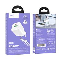 Сетевое З/У HOCO N65 1USB+1Type-C 20W PD,QC с кабелем Type-C белый (1/13/130)