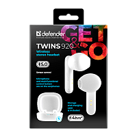Наушники вставные Defender Twins 920 bluetooth 5.0 с микр. белый (1/40) 