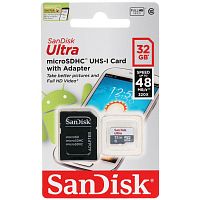 Карта памяти microSD SanDisk ULTRA 32GB Class10 UHS-I (U1) 48 МБ/сек с адаптером
