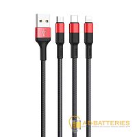 Кабель HOCO X26 USB (m)-2хType-C/Lightning/microUSB (m) 1м 2.0A нейлон черный красный (1/30/300)