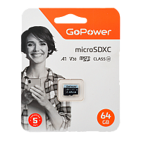 Карта памяти microSD GoPower 64GB Class10 70 МБ/сек V30 без адаптера