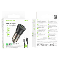 Автомобильное З/У Borofone BZ25 1USB+1Type-C 38W PD,QC с кабелем Type-C/Type-C черный (1/98/392)