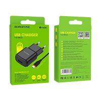 Сетевое З/У Borofone BA48A 1USB 2.1A с кабелем microUSB черный (1/44/176)