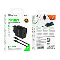 Сетевое З/У Borofone BA84A 1USB/Type-C 30W PD,QC с кабелем Lightning черный (1/40/160) 