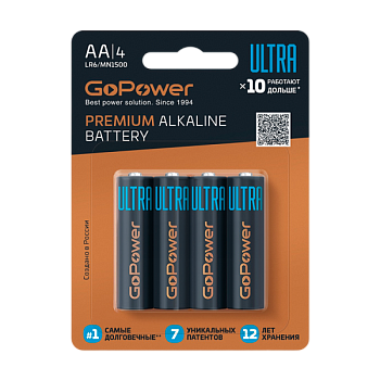 Батарейка GoPower Ультра/ULTRA LR6 AA BL4 Щелочная 1.5V (4/40/480)