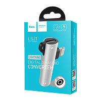 Переходник AUX HOCO LS21 Jack 3.5mm (f)-Lightning (m)/Lightning (f) пластик серебряный (1/30/300)