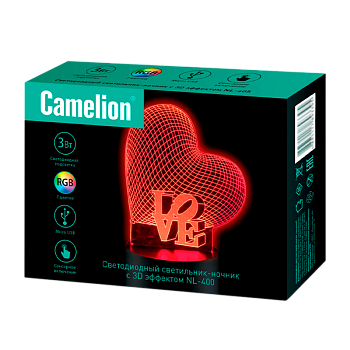 Ночник Camelion NL-400 "Сердце" 3W 220V в розетку RGB (1/20) 