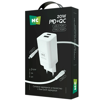 Сетевое З/У MORE CHOICE NC85a 1USB+1Type-C 3.0A PD20W с кабелем Type-C/Type-C белый