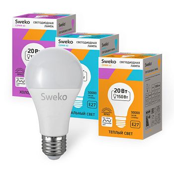 Лампа светодиодная Sweko A65 E27 20W 4000К 230V груша (1/5/100)