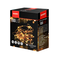 Гирлянда Старт НГ 100LED 10м медная проволока 8 режимов от батареек 3хАА белый (24/96) 