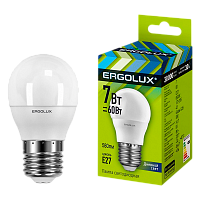 Лампа светодиодная Ergolux G45 E27 7W 6500К 172-265V шар (1/10/100)
