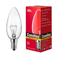 Лампа накаливания Camelion E14 60W 220V свеча прозрачная (1/100)