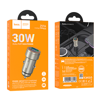 Автомобильное З/У HOCO Z57A 1USB+1Type-C 3.0A 30W PD,QC серый (1/12/120) 