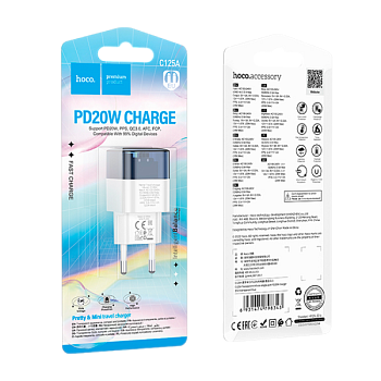 Сетевое З/У HOCO C125A Type-C 3.0A 20W PD,QC,FCP,AFC белый синий