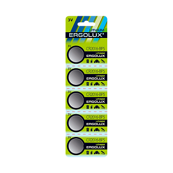 Батарейка Ergolux CR2016 BL5 Lithium 3V (5/100/2000) 