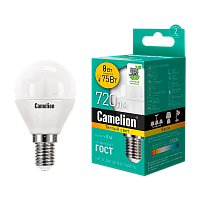 Лампа светодиодная Camelion G45 E14 8W 3000К 170-265V шар матовая (1/10/100)