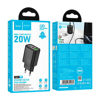 Сетевое З/У HOCO N61 1USB+1Type-C 20W PD,QC черный (1/12/120)