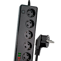 Сетевой фильтр SAFETY SOCKET SR06 5р.С/З 10A 2.0м 3USB/Type-C QC3.0 / PD3 с выкл. черный