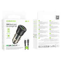 Автомобильное З/У Borofone BZ25 1USB+1Type-C 38W PD,QC с кабелем Type-C/Type-C черный (1/98/392) 