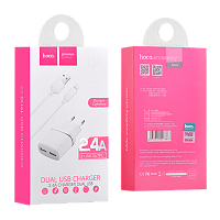 Сетевое З/У HOCO C12 2USB 2.4A с кабелем Lightning белый (1/10/100)