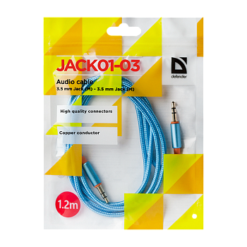 Кабель AUX Defender JACK01-03 Jack 3.5mm (m)-Jack 3.5mm (m) 1.2м ткань синий (1/50/400) 
