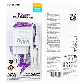 Сетевое З/У Borofone BAS43A Type-C 3.0A 20W QC3.0 с кабелем Type-C-Lightning белый
