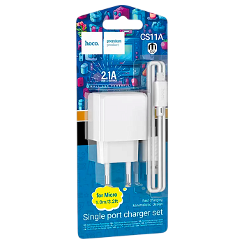 Сетевое З/У HOCO CS11A 1USB 2.1A с кабелем microUSB белый (1/28/168) 
