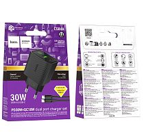 Сетевое З/У HOCO CS84A 1USB+1Type-C 3.0A 18W PD,QC дисплей с кабелем Type-C/Type-C черный (1/18/180)