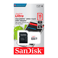 Карта памяти microSD SanDisk ULTRA 16GB Class10 UHS-I (U1) 80 МБ/сек с адаптером