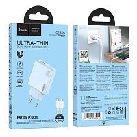 Сетевое З/У HOCO C142A 1USB+1Type-C 20W PD,QC с кабелем Type-C/Type-C голубой (1/19/190)
