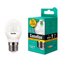 Лампа светодиодная Camelion G45 E27 5W 3000К 170-265V шар матовая (1/10/100)