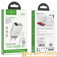 Сетевое З/У HOCO C86A 2USB 2.4A дисплей с кабелем Lightning белый (1/13/130)