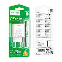 Сетевое З/У HOCO C143A Type-C 20W PD,QC с кабелем Lightning белый (1/28/168)