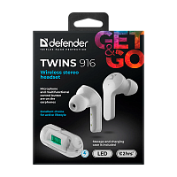 Наушники вставные Defender Twins 916 bluetooth 5.0 с микр. белый (1/40) 