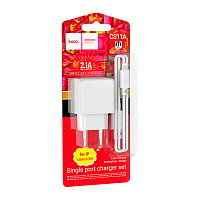 Сетевое З/У HOCO CS11A 1USB 2.1A с кабелем Lightning белый (1/28/168)