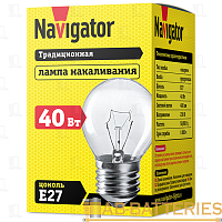 Лампа накаливания Navigator E27 40W 230V шар прозрачная (1/10/100)