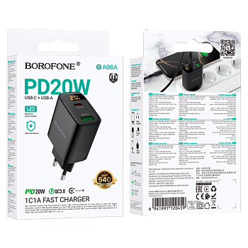 Сетевое З/У Borofone BA96A 1USB+1Type-C 3.0A 20W QC3.0 дисплей черный (1/46/184)