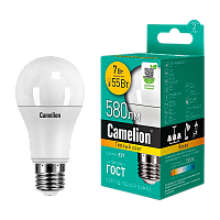 Лампа светодиодная Camelion A60 E27 7W 3000К 170-265V груша 60мм матовая (1/10/100)