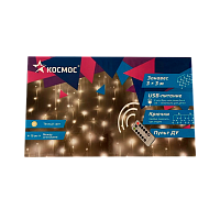 Гирлянда Космос "Дождь" 300LED 3х3м 8 режимов с крючками для крепления пульт ДУ белый теплый (1/60) 