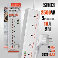 Сетевой фильтр SAFETY SOCKET SR03 5р.С/З 10A 2.0м 3USB/Type-C QC3.0 / PD3 с выкл. белый