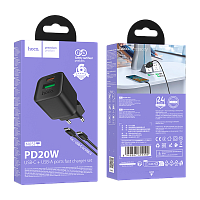 Сетевое З/У HOCO N65 1USB+1Type-C 20W PD,QC с кабелем Type-C/Type-C черный (1/13/130)