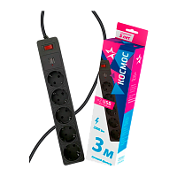 Сетевой фильтр Космос 5р.С/З 10A 3.0м 2USB ПВС 3x0.75мм² с выкл. черный (1/20)