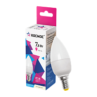 Лампа светодиодная Космос CN E14 7.5W 3000К 220V свеча матовая (1/10/80)