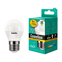 Лампа светодиодная Camelion G45 E27 8W 3000К 170-265V шар матовая (1/10/100)