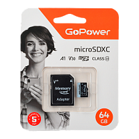 Карта памяти microSD GoPower 64GB Class10 70 МБ/сек V30 с адаптером