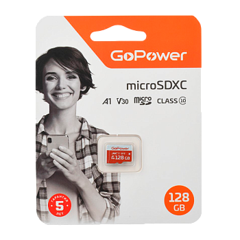 Карта памяти microSD GoPower 128GB Class10 UHS-I (U3) 100 МБ/сек V30 без адаптера