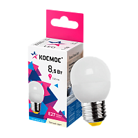 Лампа светодиодная Космос GL45 E27 8.5W 3000К 220V шар матовая (1/10/80)