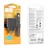 Сетевое З/У HOCO CS14A 1USB+1Type-C 20W PD,QC,FCP,AFC с кабелем Type-C-Lightning черный (1/28/168)