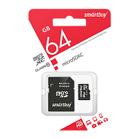 Карта памяти microSD Smartbuy 64GB Class10 20 МБ/сек с адаптером